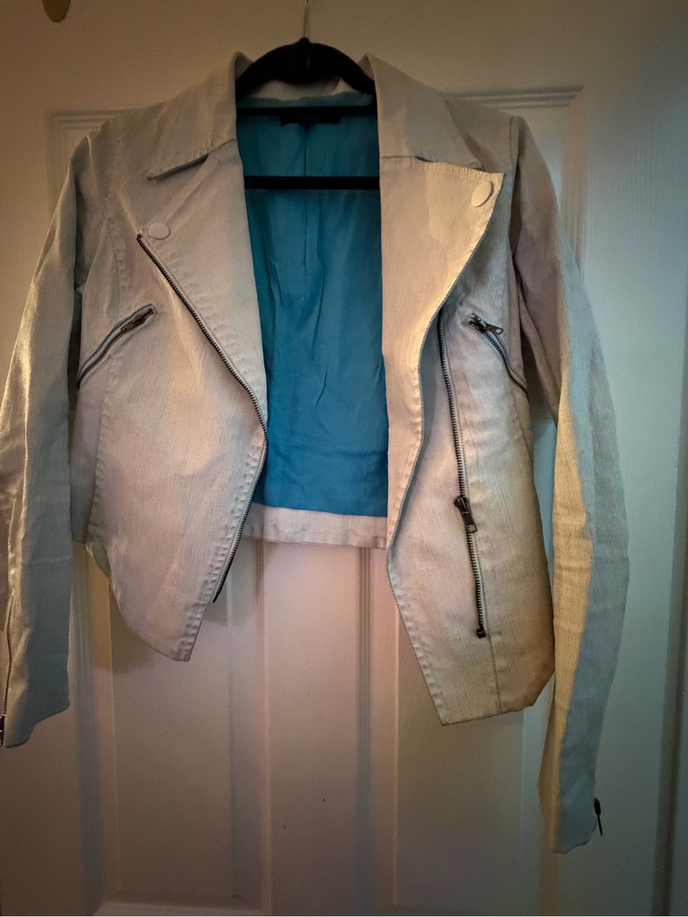 Light Gray Women's Moto Jacket with Blue Lining